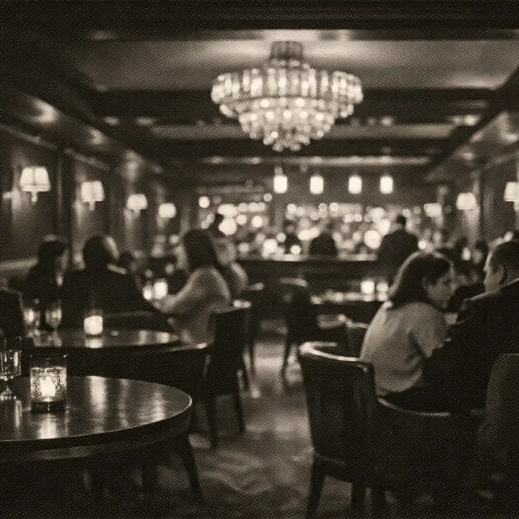 Késő esti lounge belső tér meleg fényekkel, távoli asztalokkal és elmosódott emberi jelenléttel.