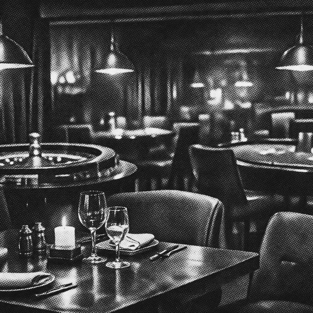 Esti éttermi tér és helyszíni lounge mély árnyékokkal, asztalokkal és lámpafényekkel